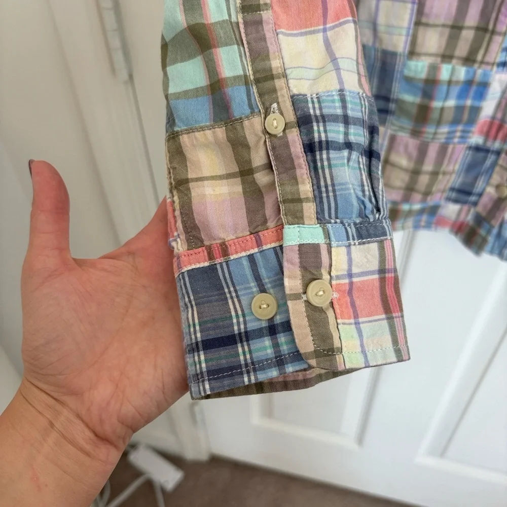 L.L. Bean Madras Plaid Button Down Shirt - Blue, Pink, Green - Picture 3 of 8